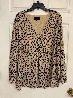 Premise Beige and Black Leopard-Print V-Neck Blouse